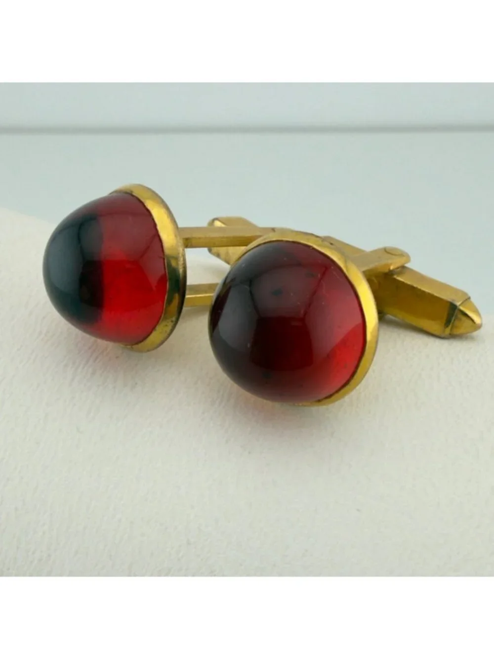 Vintage Red Glass Dome Cufflinks Gold Tone Mid Century